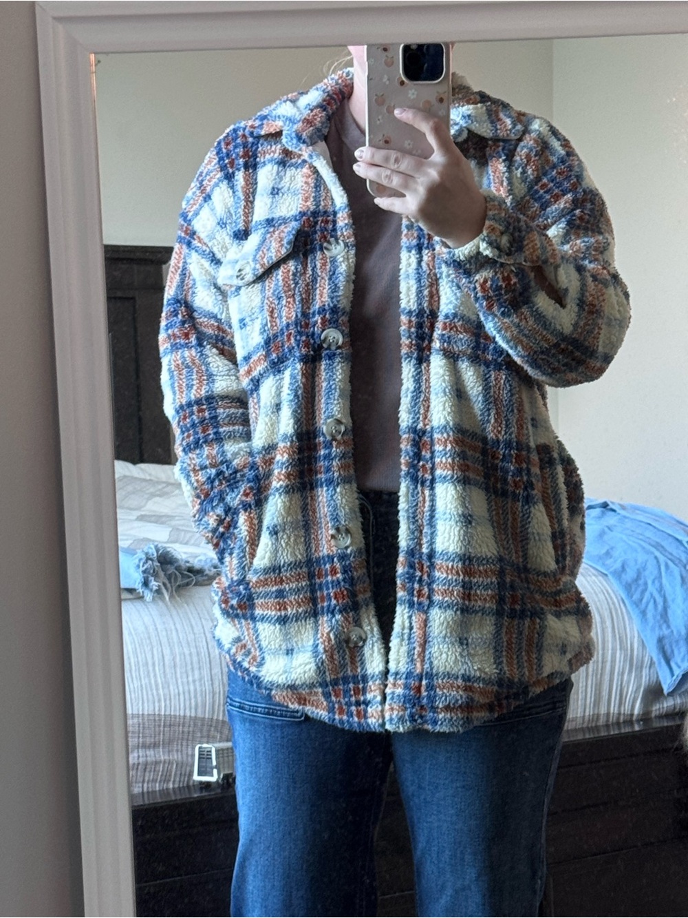 CJLA Plaid Sherpa Jacket in Cream, Blue & Brown